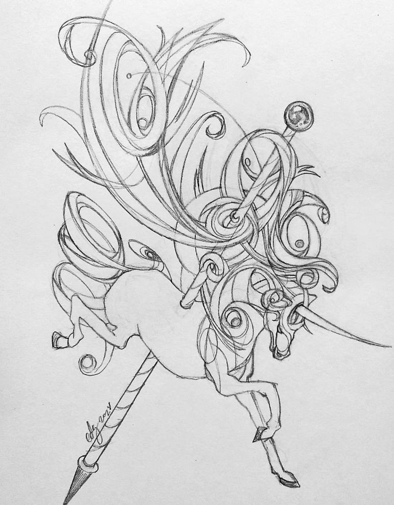 A pencil drawing of a stylized carousel horse.