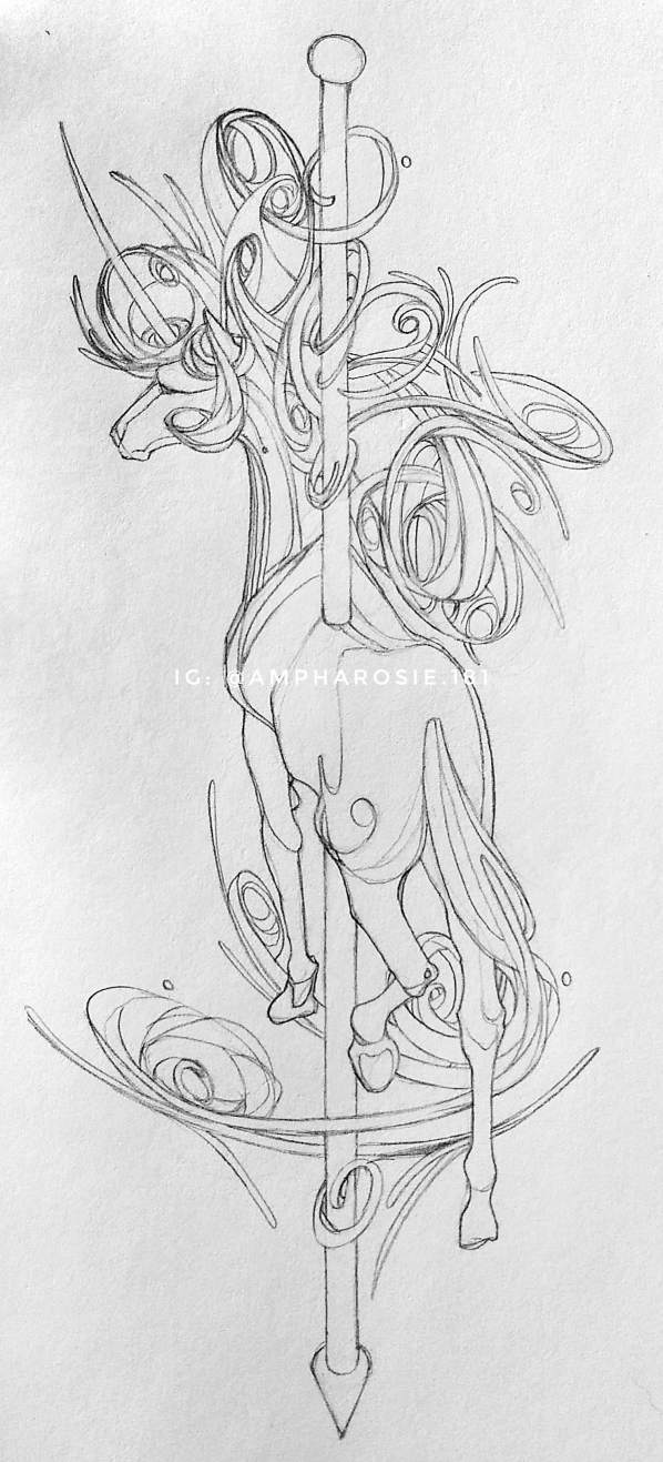 A pencil drawing of a stylized carousel horse, its back facing the viewer.