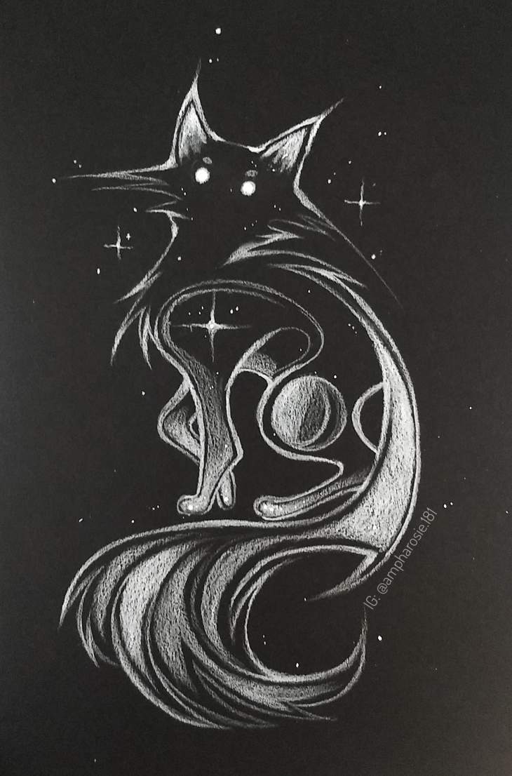 A colored pencil drawing of a stylized white cat on black paper, representing outer space.