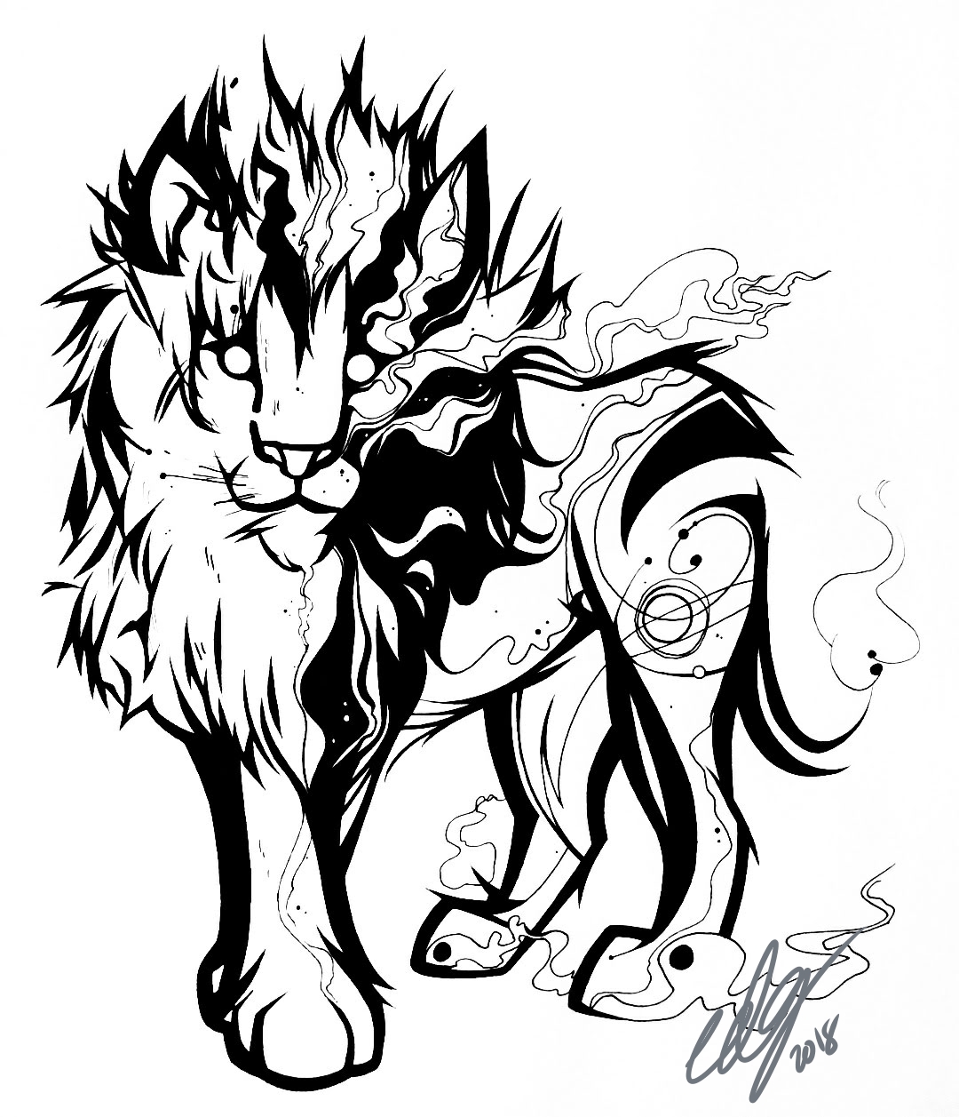 A black and white ink drawing of a stylized lion, with some lines representing the sun.