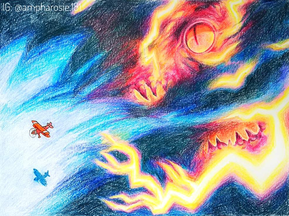 A crayon drawing of a red plane flying over a lightning storm, a monster hiding in the clouds chasing the plane.