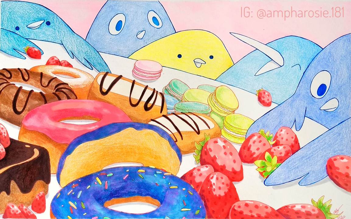 A drawing of some cartoon birds sitting in front of a table covered with desserts.