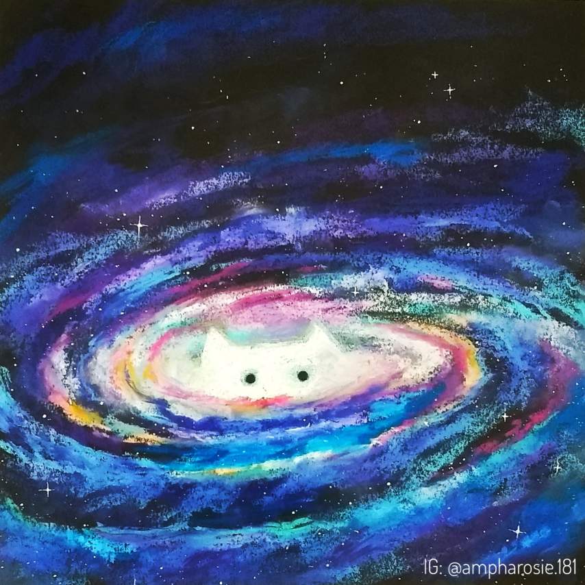 A white cat pokes its head out of the heart of a spiral galaxy.