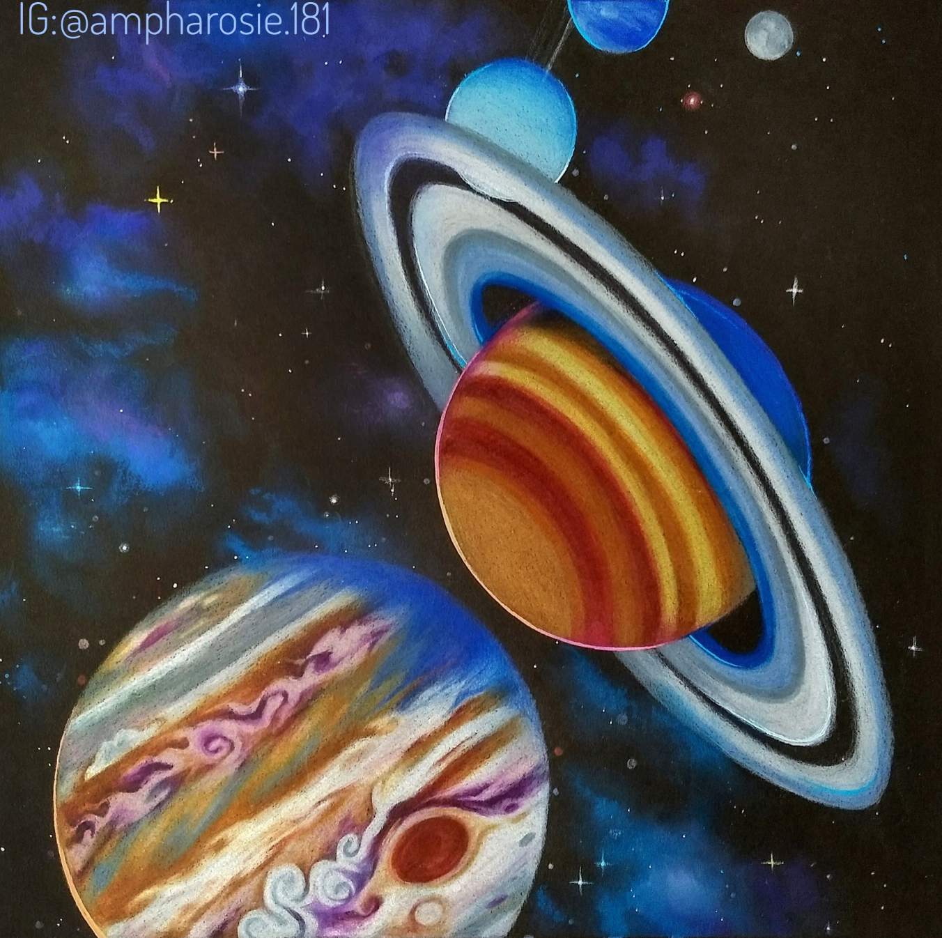 A drawing of Jupiter, Saturn, Uranus, Neptune, and Pluto.