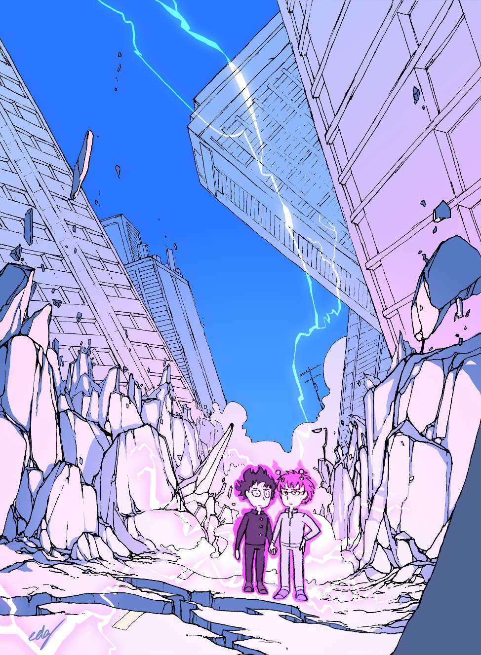 Two small humans holding hands while city is destroyed around them.