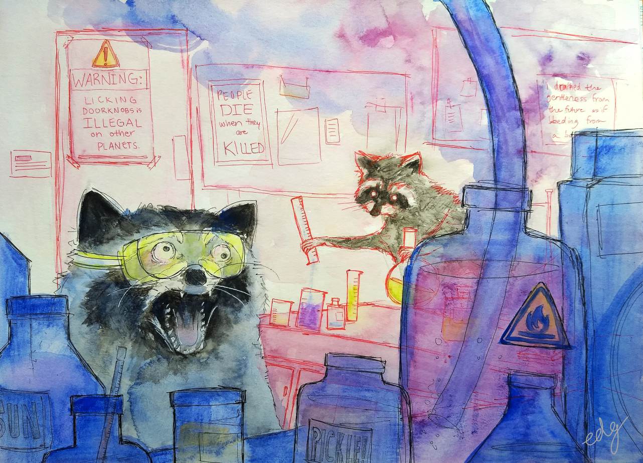 A gouache painting of a few raccoons running a laboratory, causing a bit of mischief.