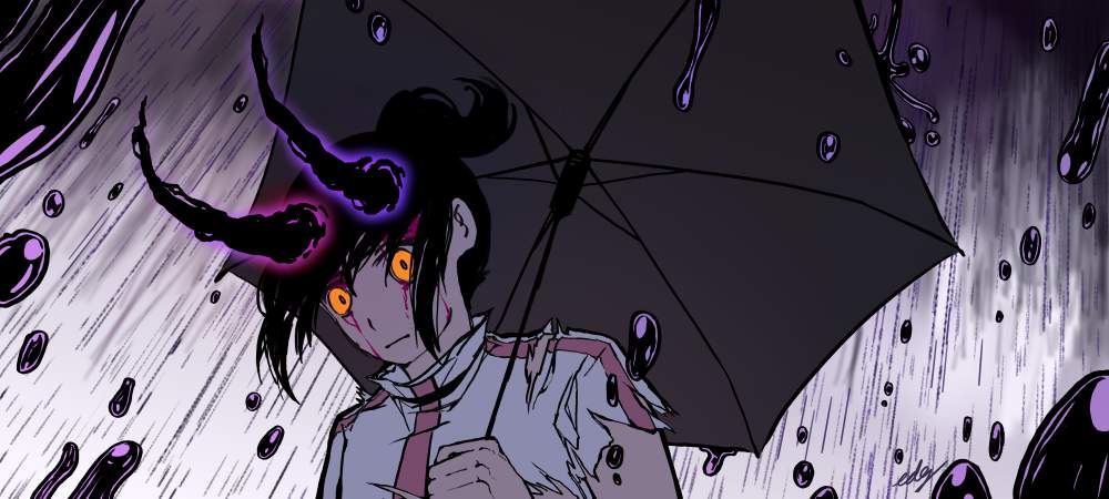 A drawing of distressed person with horns holds an umbrella as black rain pours down.