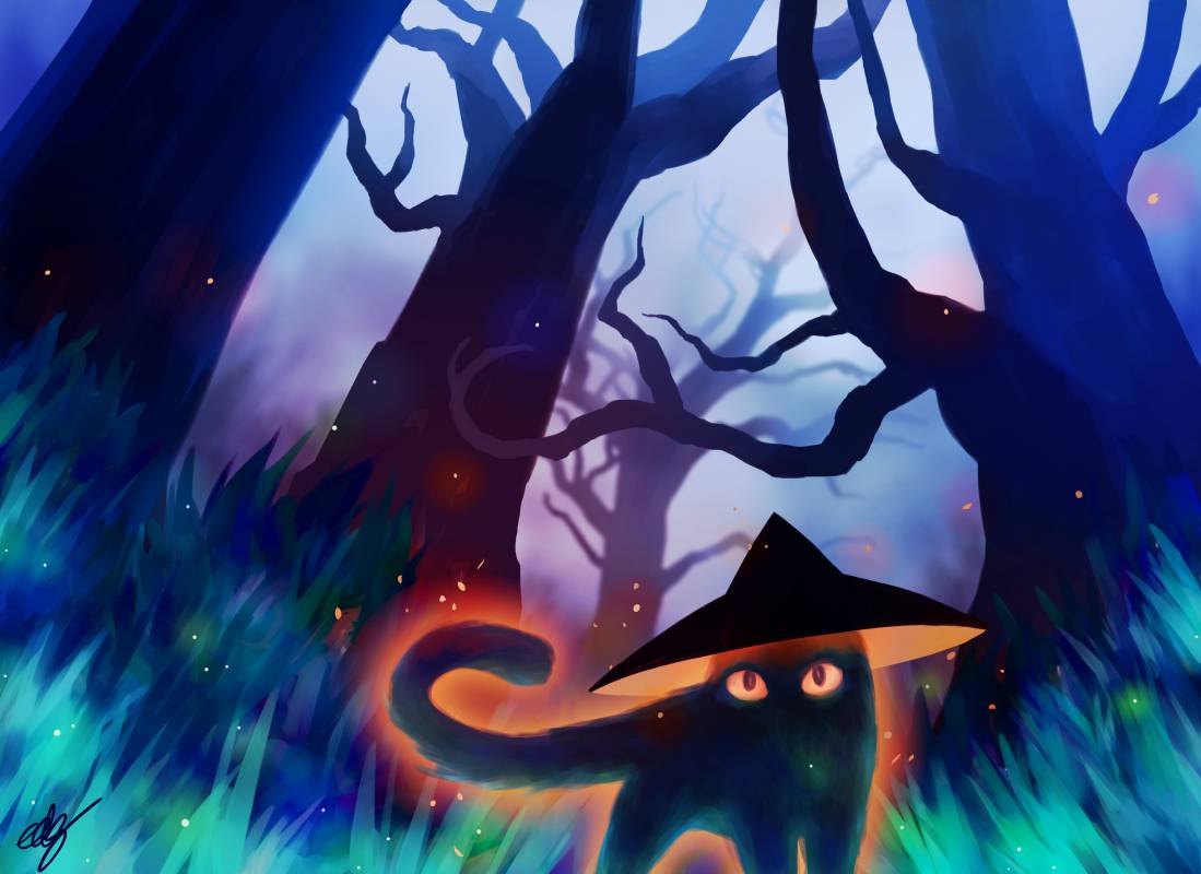 A cat with a witch hat stands in a forest at night, lit by embers and fireflies.