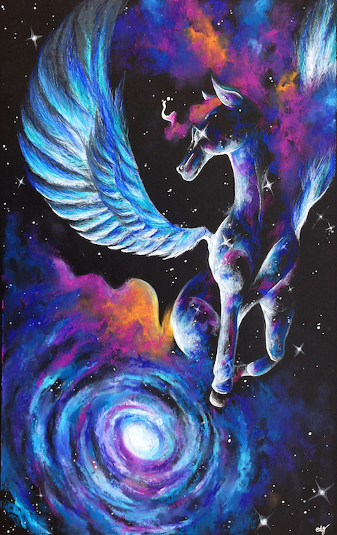 A pegasus made of stars walk out of a spiral galaxy.